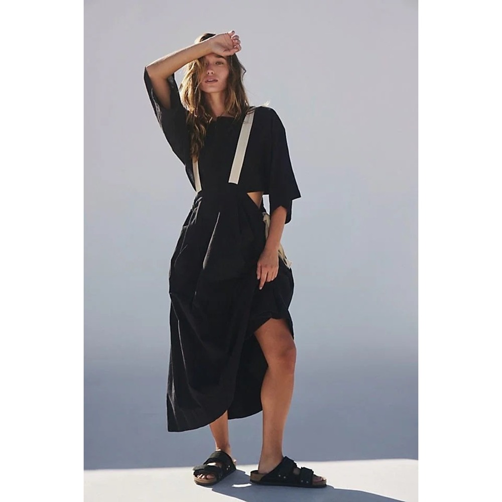 Free People Double Down Set Black Pinafore Midi Dress & Crop Top Womens (M) NWT